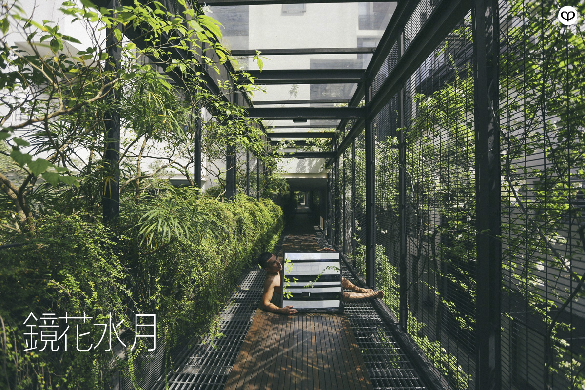 asian male creative portrait with mirror and trunks